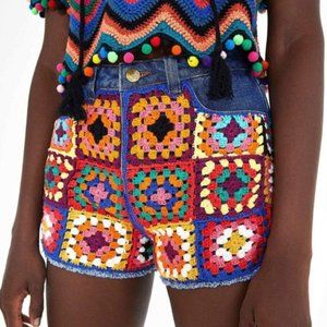 Farm Rio Granny Crochet Square High Rise Denim Shorts